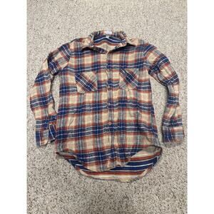 Big Mac Flannel Shirt Mens Medium Tan Blue Orange Plaid Long Sleeve